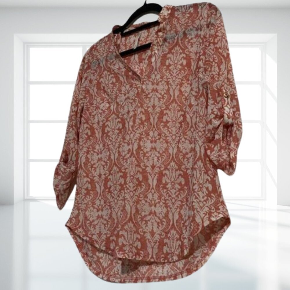 DNA Couture Pattern V-Neck Blouse Small S Sheer Rust Floral Button Tab Sleeve - Picture 4 of 11